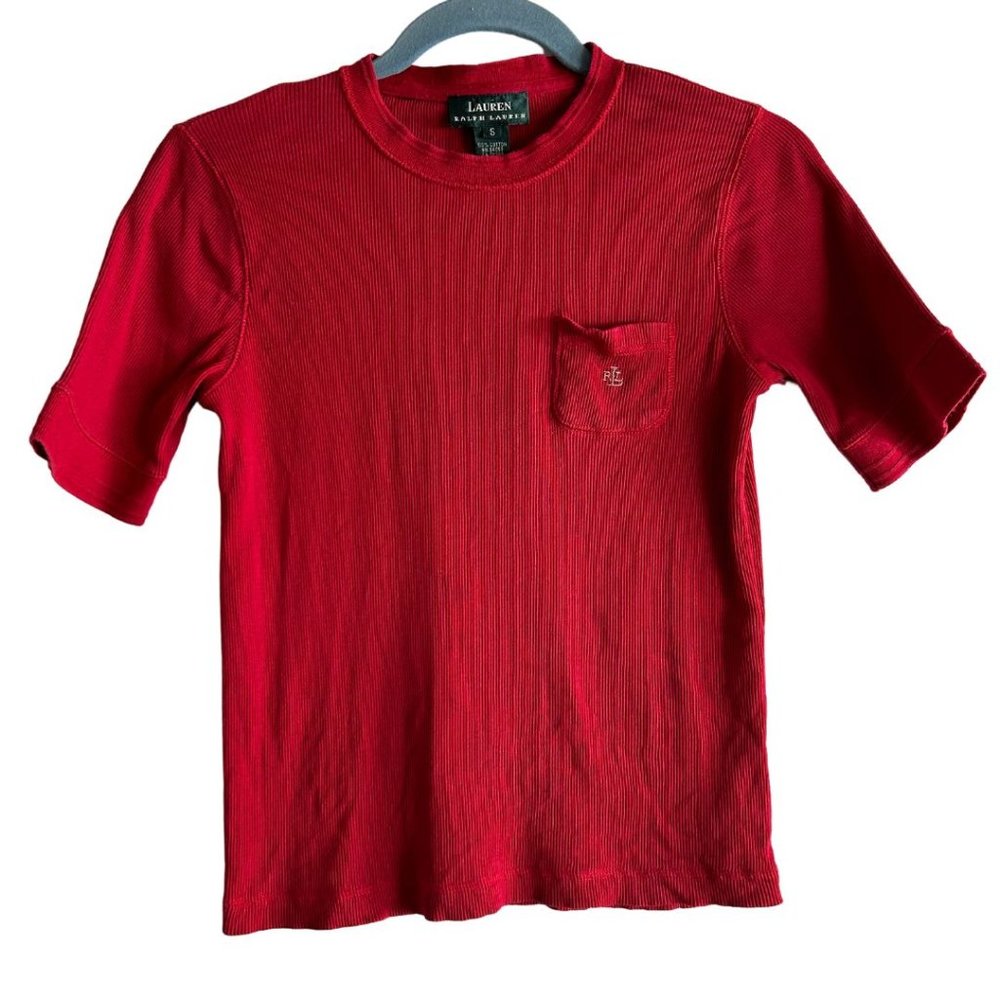 Vintage Lauren Ralph Lauren Red 100% Cotton Red Ribbed Knitted T-Shirt Small